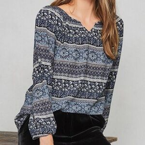 Garnet Hill 100% Silk Bishop-Sleeve Boho Style Blouse Blue Large